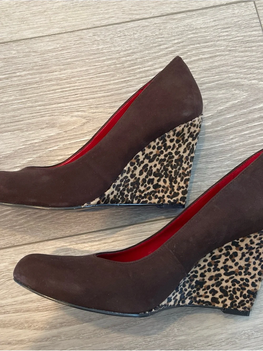 Nine West Brown Suede Wedges (6.5) with Leopard-Print Heel